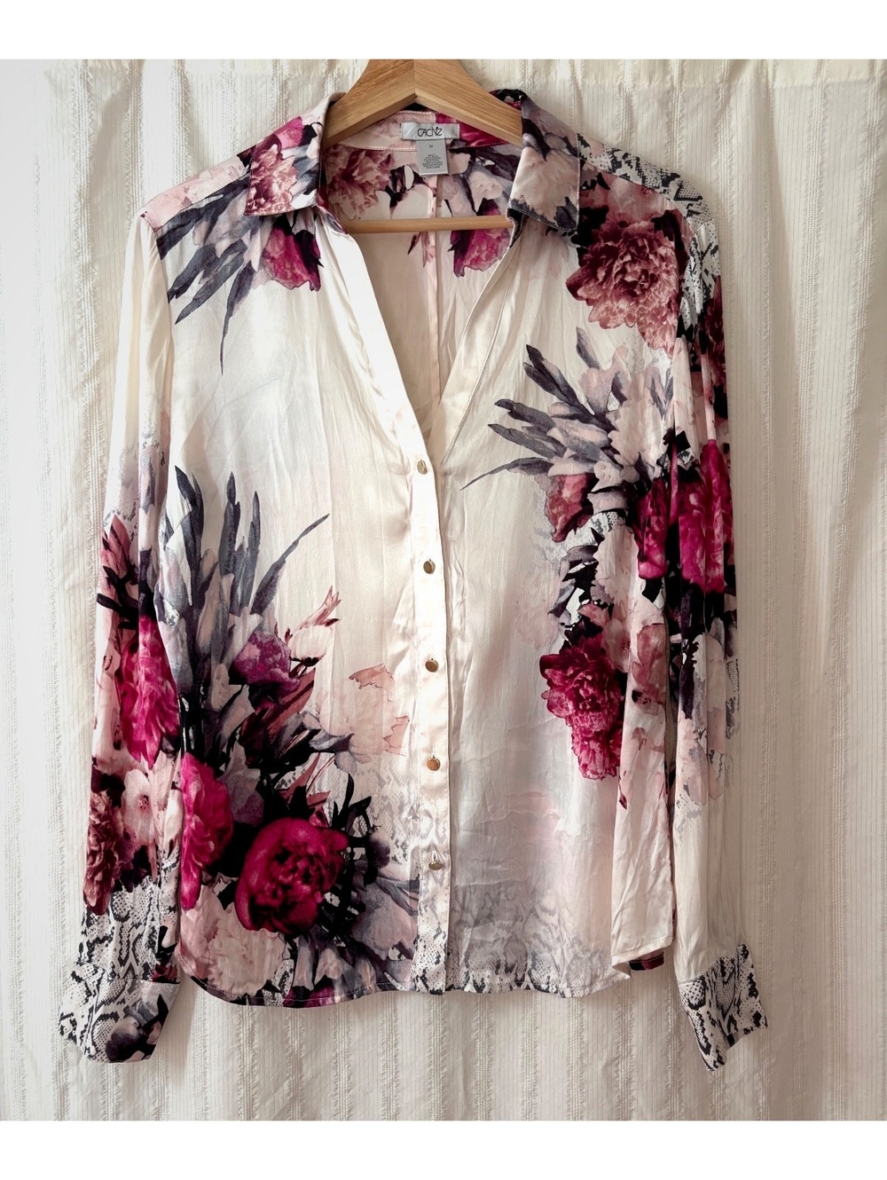 Vintage Flowy Cache Women's Medium Floral SnakePrint Silk Blend Blouse #luxury
